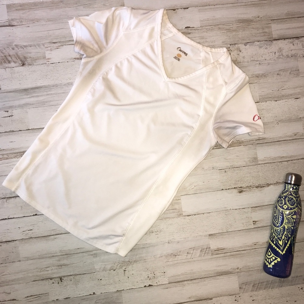 Curves Fitted Athletic Work Out White V Neck Tee Shirt Size Medium